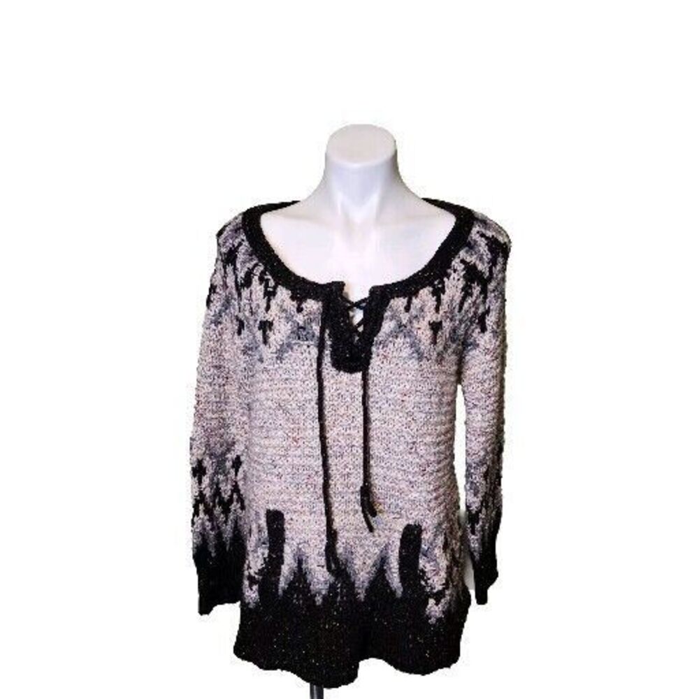Free People Love Bug Fair Isle Lace Up Pullover Wool Blend Sweater Size Medium‎